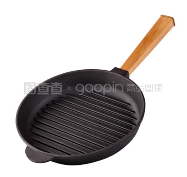 黑色铸铁煎锅,有木制把手