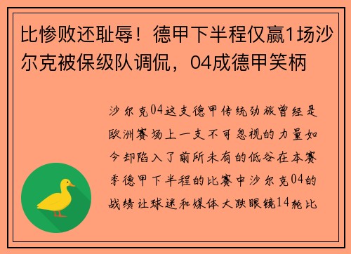 比惨败还耻辱！德甲下半程仅赢1场沙尔克被保级队调侃，04成德甲笑柄