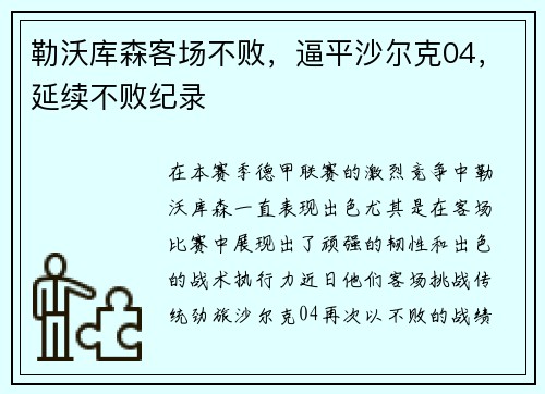 勒沃库森客场不败，逼平沙尔克04，延续不败纪录