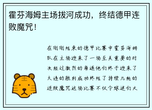 霍芬海姆主场拔河成功，终结德甲连败魔咒！