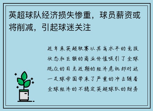 英超球队经济损失惨重，球员薪资或将削减，引起球迷关注