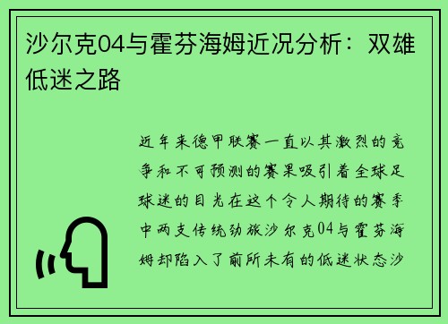 沙尔克04与霍芬海姆近况分析：双雄低迷之路